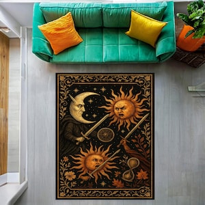 Tappeto gotico Sole e Luna - Tappeto da guerra celeste, decorazione mitica con combattimento con la spada, tappeto astrologico boho scuro, arazzo ispirato all&#39;occulto