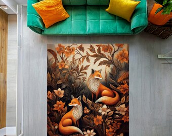 Orange Fox Rug, Floral Animal Rug, Fox and Flower Decor, Stained Glass ...