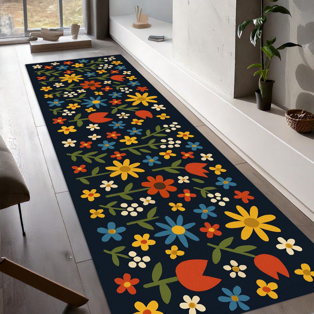 Contemporary Pattern Runner Rugs Colorful Floral Runner Rug – Modern Long Hallway Carpet With Retro ...