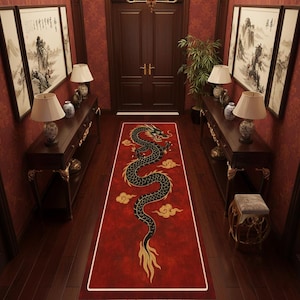 Dragon Runner Rug, Asian Mythical Creature Carpet, Red & Gold Hallway Decor, Oriental Dragon Long Rug, Gothic Fantasy Hallway Runner