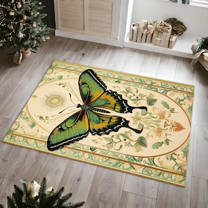 Floral Butterfly Rug, Green Luna Moth Rug, Butterfly Art Rug, Cottagecore Decor, Living Room Rug, Animal Print Rug, Butterfly Design Rug