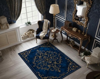Sapphire Royal Baroque Rug – Blue and Gold Ornate Carpet with Classic Floral Design, Elegant Luxury Rug for Vintage and Modern Homes