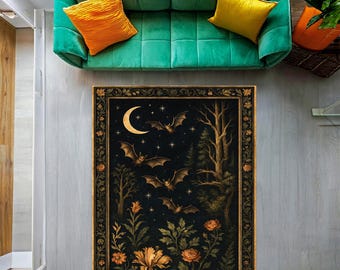 Gothic Bat Rug with Moon and Floral Border – Dark Forest Aesthetic Carpet, Halloween Decor Area Rug, Witchy Home Gothic Mat