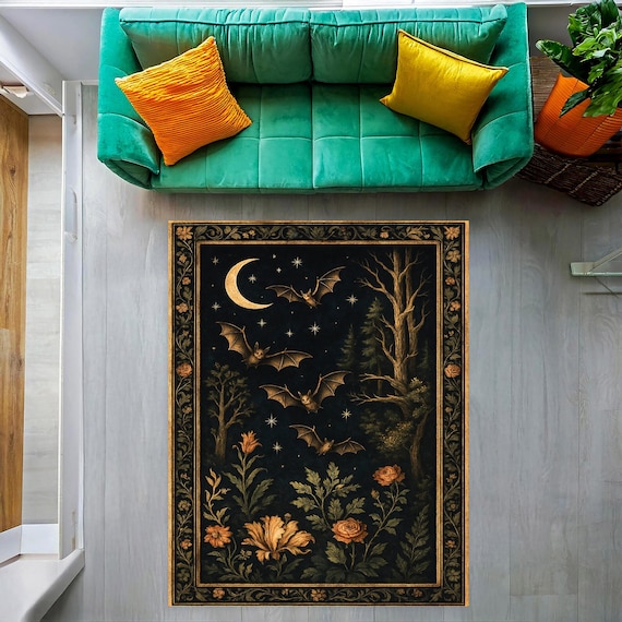 Gothic Bat Rug with Moon and Floral Border – Dark Forest Aesthetic Carpet, Halloween Decor Area Rug, Witchy Home Gothic Mat