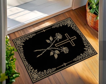Gothic Cross and Rose Rug – Black Religious Floral Carpet, Dark Aesthetic Floor Mat, Alternative Victorian Home Decor, Faith Inspired Rug