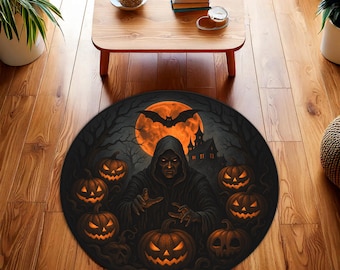Alfombra redonda oscura de Halloween: Parca encapuchada con calabazas y murciélagos. Alfombra gótica de estilo witchcore para casas embrujadas o decoración espeluznante.