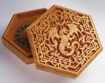 CNC Box - V-Carved Dragon Hexagonal Box | CNC files for wood router (stl, dxf, svg, eps, ai, pdf) and 3D Printer File (stl).