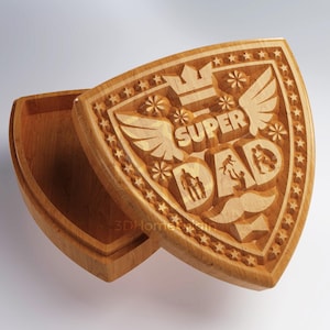 CNC Box - Super Dad Shield-Shaped Box for Father&#39;s Day | CNC Files for Wood Router (stl, dxf, svg, eps, ai, pdf) and 3D Printer File (stl).