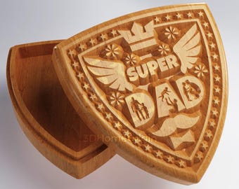 CNC Box - Super Dad Shield-Shaped Box for Father's Day | CNC Files for Wood Router (stl, dxf, svg, eps, ai, pdf) and 3D Printer File (stl).