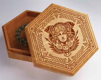 CNC Box - V-Carved Greek Athena Hexagonal Box | CNC files for wood router (stl, dxf, svg, eps, ai, pdf) and 3D Printer File (stl).