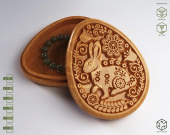 CNC Box - Easter Bunny V-Carved Egg-Shaped Box | CNC files for wood router (stl, dxf, svg, eps, ai, pdf) and 3D Printer File (stl).