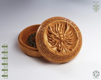 CNC Box - 3D Chinese Dragon Round Jewelry Box | CNC Router Files for Wood (STL + Vector Outlines) | Includes Step-by-Step User Guide.