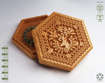 CNC Box - Christmas V-Carved Hexagonal Box | CNC Files For Wood Router (stl, dxf, svg, eps, ai, pdf) and 3D Printer File (stl).