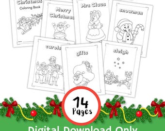 May include: A black and white coloring book with 14 pages featuring Christmas themes. The pages include images of Santa Claus, Mrs. Claus, a snowman, a sleigh, gifts, carols, and a Christmas tree.