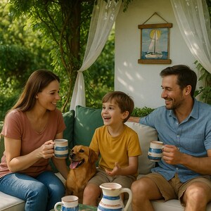 Puede incluir: Una familia de tres personas está sentada en un sofá blanco con un perro en un patio exterior cubierto. Están disfrutando de bebidas en tazas de rayas azules y blancas. Una jarra con el mismo diseño se encuentra en una mesa verde con cuatro tazas.