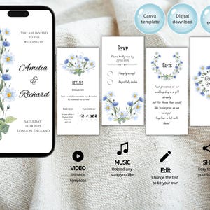 May include: A printable wedding invitation template with a floral design featuring blue and white flowers. The template includes a save the date, RSVP, details, and gifts cards. The text on the invitation reads "You are invited to the wedding of Amelia & Richard, Saturday 12.04.2025, London, England".