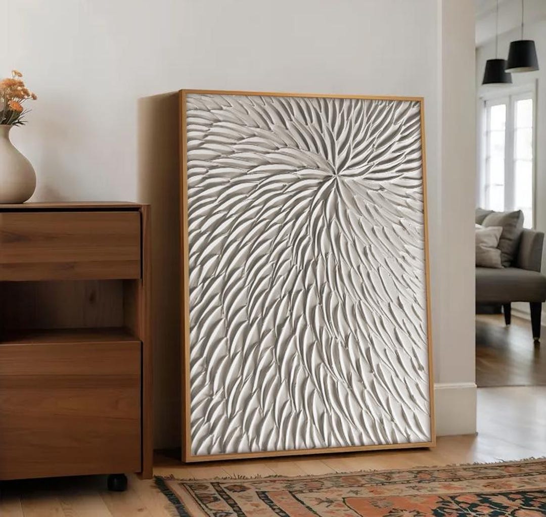 View of Modern 3D Textured White Wall Art - Abstract Minimalist Acrylic ...