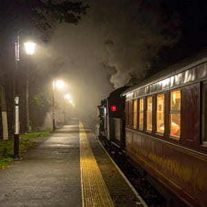Vintage Steam Train Print: Midnight Forest Station, Nostalgic Railway (Digital Download)