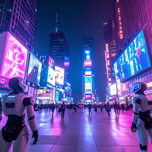 4 pieces Cyberpunk Cityscape Print, Robots & Neon Lights Future City, Sci-Fi Wall Art, Digital Download