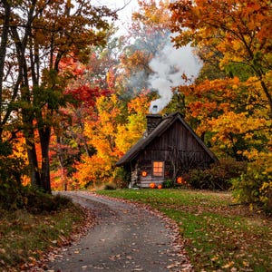 8 EA Witch's Autumn Cottage Digital Art Print | Cozy Halloween Forest Scene | Magical Pumpkin Path Wall Decor