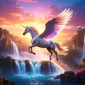 Winged Unicorn Pegasus Art Print | Rainbow Waterfall Fantasy Landscape | Magical Mythical Creature Wall Decor 4pcs
