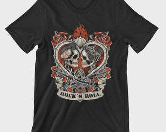 T-Shirt Rock N Roll Love Oldschool Printed Forever Skull Rockabilly Flames F38