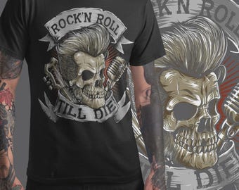 Rock N Roll T-Shirt Printed Vintage Rockabilly Skull Hot Rod Biker #B29