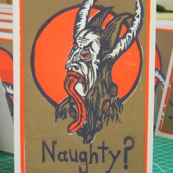 Naughty Krampus (4 color multi block woodcut 4x8 card)