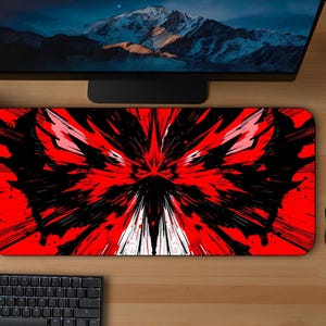 Black and Red Desk Mat | Anime Style Action Lines Gaming Computer Setups Mouse Pad, Dark, Office Decor, Desk Accessories, Gift XL