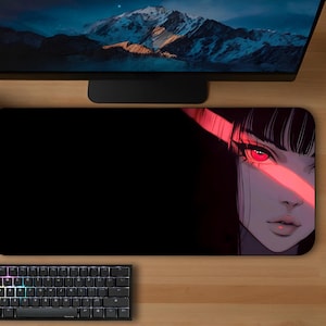 Dark Anime Waifu Desk Mat | 3 Sizes, Large Gaming Mouse Pad, Black Red
