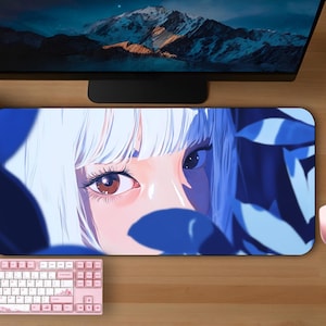 Anime Girl Desk Mat: White Hair, Blue Leaves - Gamer Desk Decor
