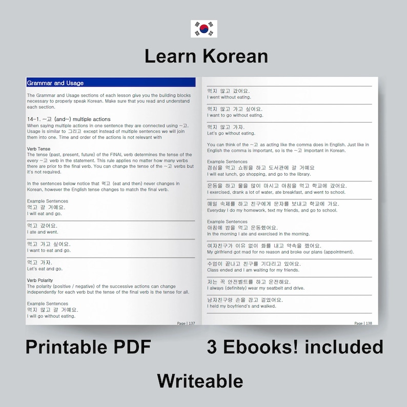 Learn Korean Fluently 3 Ebooks Printable PDF Study Hangul Writing ...