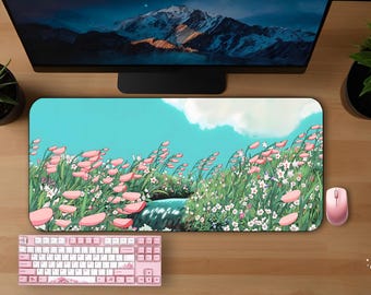 Howl's Anime Scenery Flowers Desk Mat | 3 Sizes Gaming Mouse Pad Desk Japanese Computer Decor Accessories Gift Pink Cute