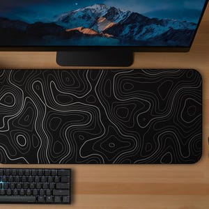 Topographic Black White Desk Mat 3 Sizes Mouse Pad Desk Decor Accessories Minimalist Design Perfect for Black Computer Setups XL