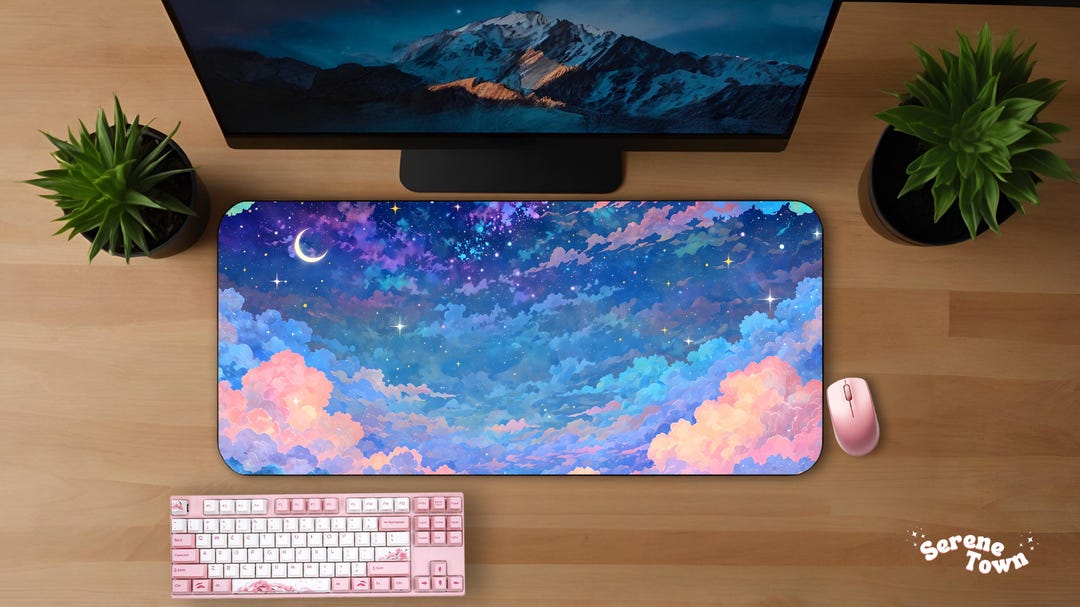 Soft Pastel Sky Desk Mat | 3 Sizes Large Cute Anime Mouse Pad Moon ...