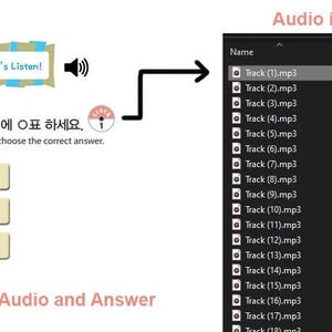 May include: A Korean language learning activity with audio. The image shows a screen with the text "들어 봐요 Let's Listen!" and a speaker icon. Below the text is a circle with the text "잘 듣고 맞는 것에 표 하세요." and the text "Listen carefully and choose the correct answer." Below that are three sets of Korean characters, each with two options. The image also shows a file explorer window with a list of audio files labeled "Track (1).mp3" through "Track (18).mp3".