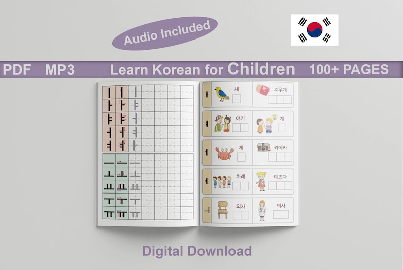 May include: A workbook with a colorful cover featuring a Korean flag and the text "Learn Korean for Children 100+ PAGES". The workbook includes pages for practicing Korean writing and vocabulary.