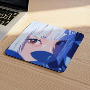 Anime Girl Mouse Pad: Vibrant Blue Leaves, White Hair Artwork (9&quot; x 8&quot;)