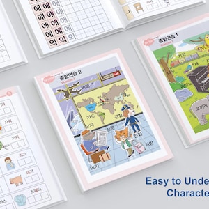 May include: A pink and white workbook with the Korean words "종합연습 1" and "종합연습 2" on the covers. The workbooks feature colorful illustrations of animals, transportation, and other objects. The text "Easy to Understand Characters" is printed in blue at the bottom of the image.