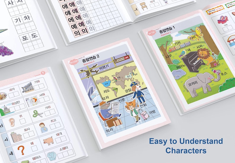 May include: A pink and white workbook with the Korean words "종합연습 1" and "종합연습 2" on the covers. The workbooks feature colorful illustrations of animals, transportation, and other objects. The text "Easy to Understand Characters" is printed in blue at the bottom of the image.