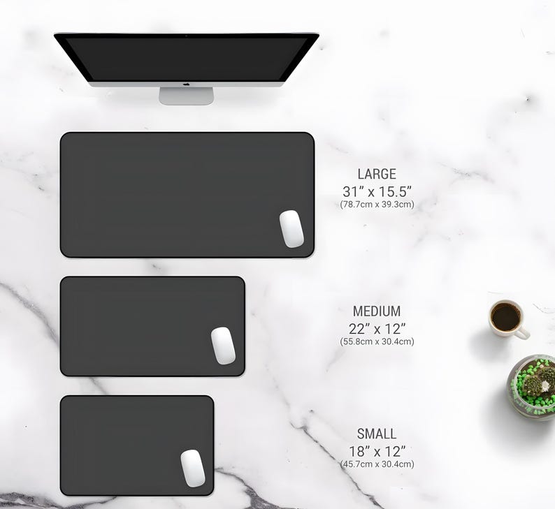May include: Three black rectangular mouse pads in different sizes: large (31" x 15.5"), medium (22" x 12"), and small (18" x 12"). Each pad has a white mouse on the right side. A computer monitor is at the top.