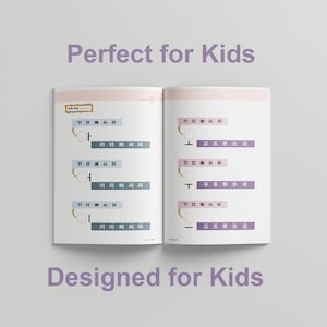May include: Two open pages of a book with Korean alphabet characters and illustrations. The pages are pink and white with a purple border. The text on the pages reads "Perfect for Kids" and "Designed for Kids".