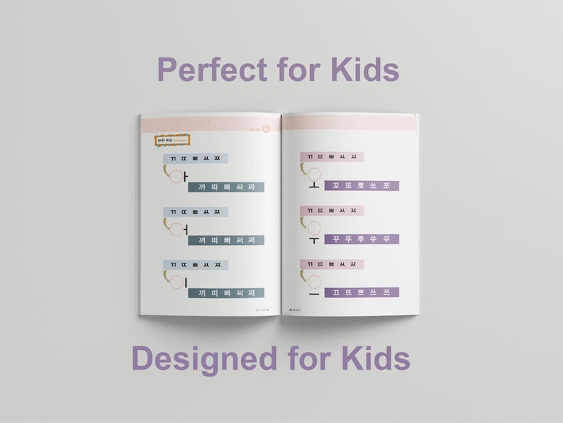 May include: Two open pages of a book with Korean alphabet characters and illustrations. The pages are pink and white with a purple border. The text on the pages reads "Perfect for Kids" and "Designed for Kids".