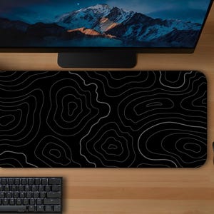 Black Topographic Desk Mat | 3 Sizes Mouse Pad Desk Decor Accessories Minimalist Design Gaming