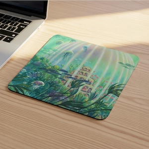 Podkładka pod mysz z motywem morskim | 9" x 8", prezent z japońskim anime, podkładka pod mysz do biura, podkładka pod mysz, kawaii, lofi, chill, sceneria zieleni