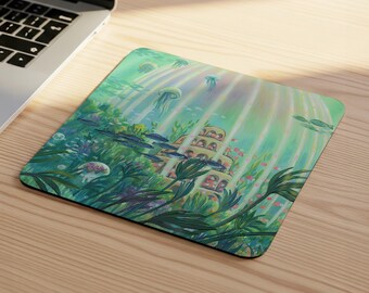Alfombrilla de ratón con diseño de paisaje marino / 23 x 20 cm, regalo de anime japonés, alfombrilla de oficina, alfombrilla de ratón, kawaii, lofi, relajante, paisaje verde.