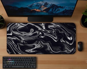 Fluids Abstract Desk Mat | Black White XL Minimalist High Quality Gaming Gift Computer Mouse Pad, Office Decor, Desk Accessories