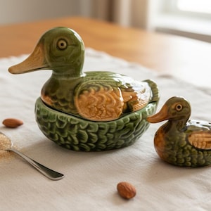 Vintage Ceramic Mallard Duck Mustard Pot & Salt Shaker Set — Hand-Painted Faience Table Decor