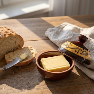 Peut inclure: Une miche de pain ronde et croustillante avec une tranche, un couteau à beurre en argent avec un manche en bois portant une noisette de beurre, et un petit beurrier en céramique brune avec un couvercle décoré contenant un bloc de beurre.