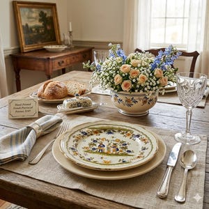 Vintage Faience Dinner Plate 9.8”, French Moustiers Style, Hand Painted Floral Plate, Cottagecore Decor, European Ceramic